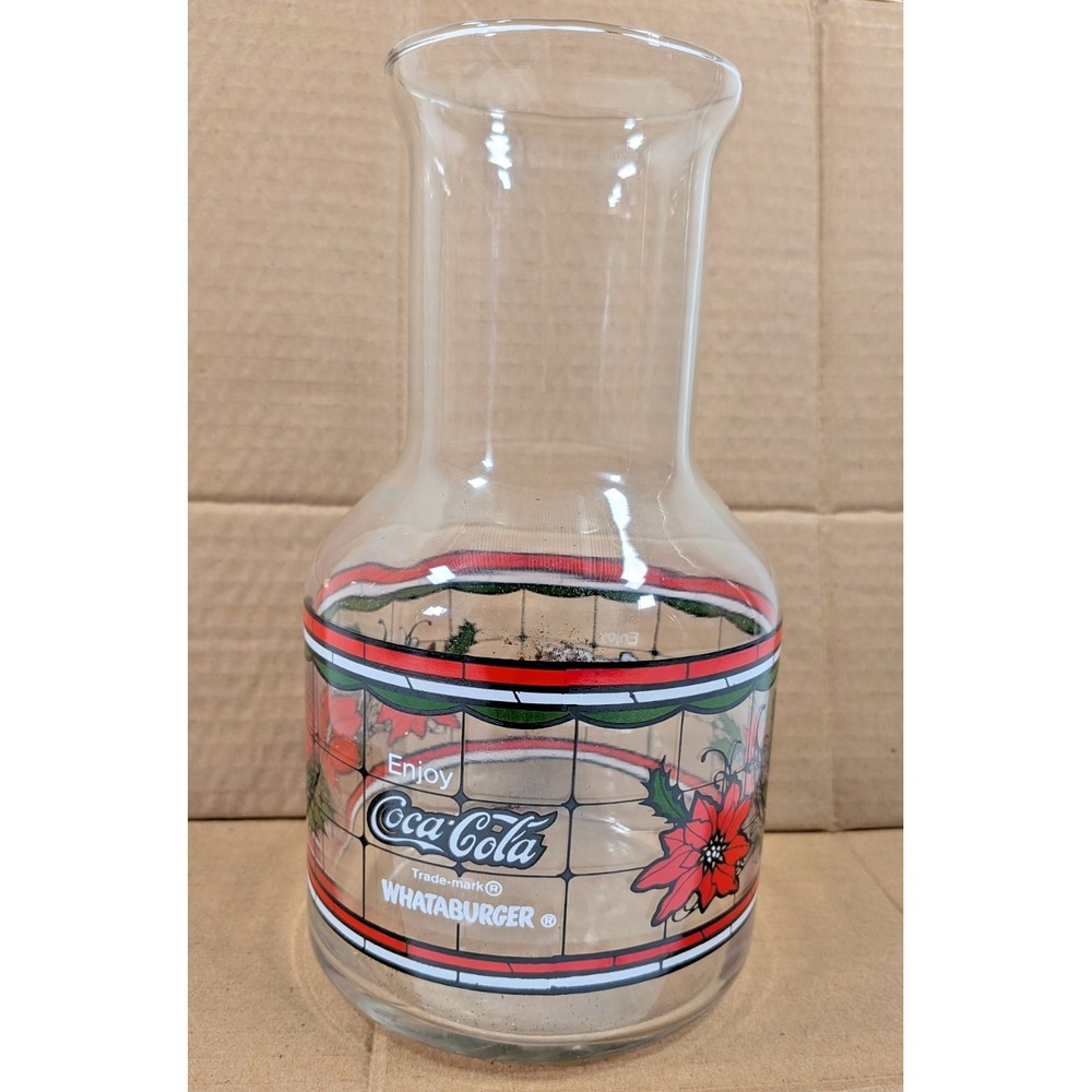 Vintage Coca Cola Whataburger Poinsettia Glass Carafe Holidays Christmas